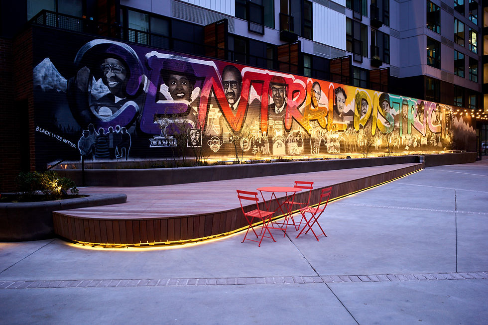Mural spelling out Central District with faces of community members across a wall in a nice square