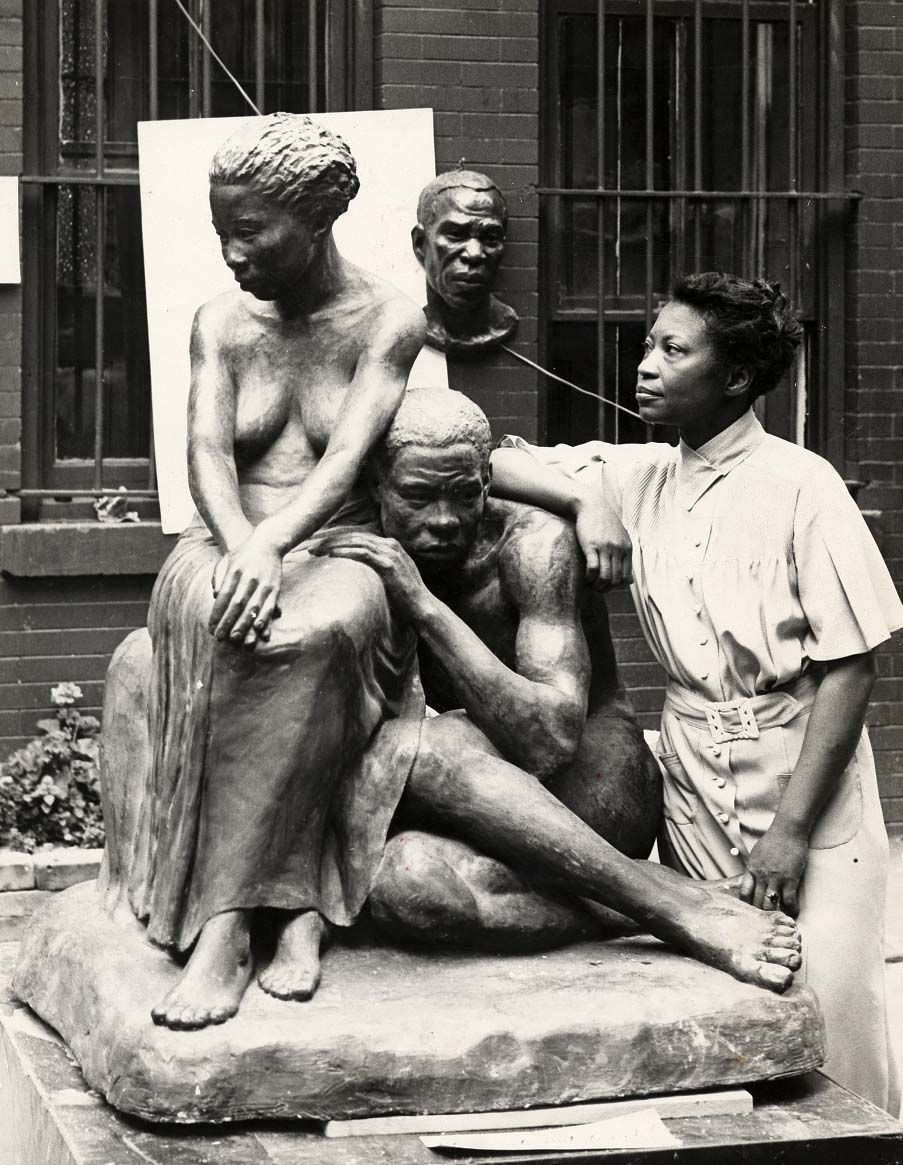 Augusta Savage with her sculpture, Realization. Courtesy Federal Art Project, Photographic Division collection, 1935-1942. Archives of American Art, Smithsonian Institution.