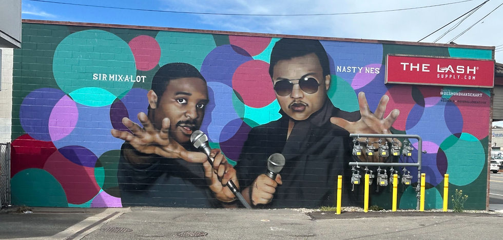 Sir Mix-A-Lot and DJ Nasty Nes mural on 4th & Lander in Seattle. Painted by Desmond Hansen Art.
