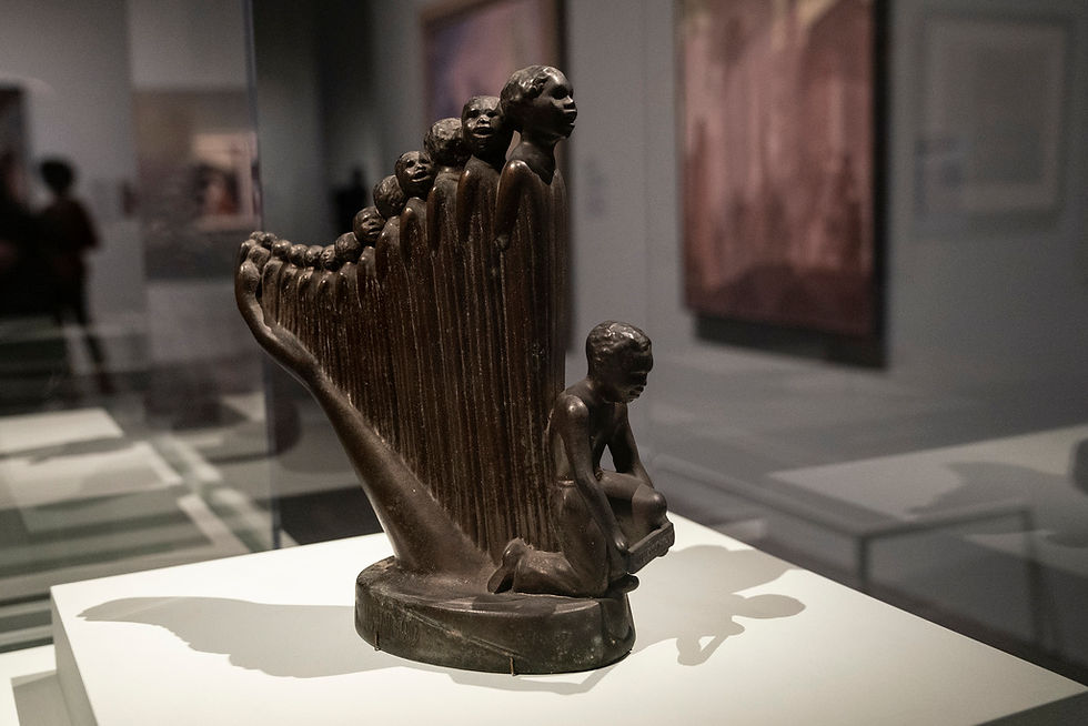 Bronze sculpture replica of 'Lift Every Voice And Sing (The Harp)' by Augusta Savage on view at the Harlem Renaissance Exhibition at The Metropolitan Museum in New York in 2024. (Photo by Lev Radin/Sipa USA)(Sipa via AP Images)